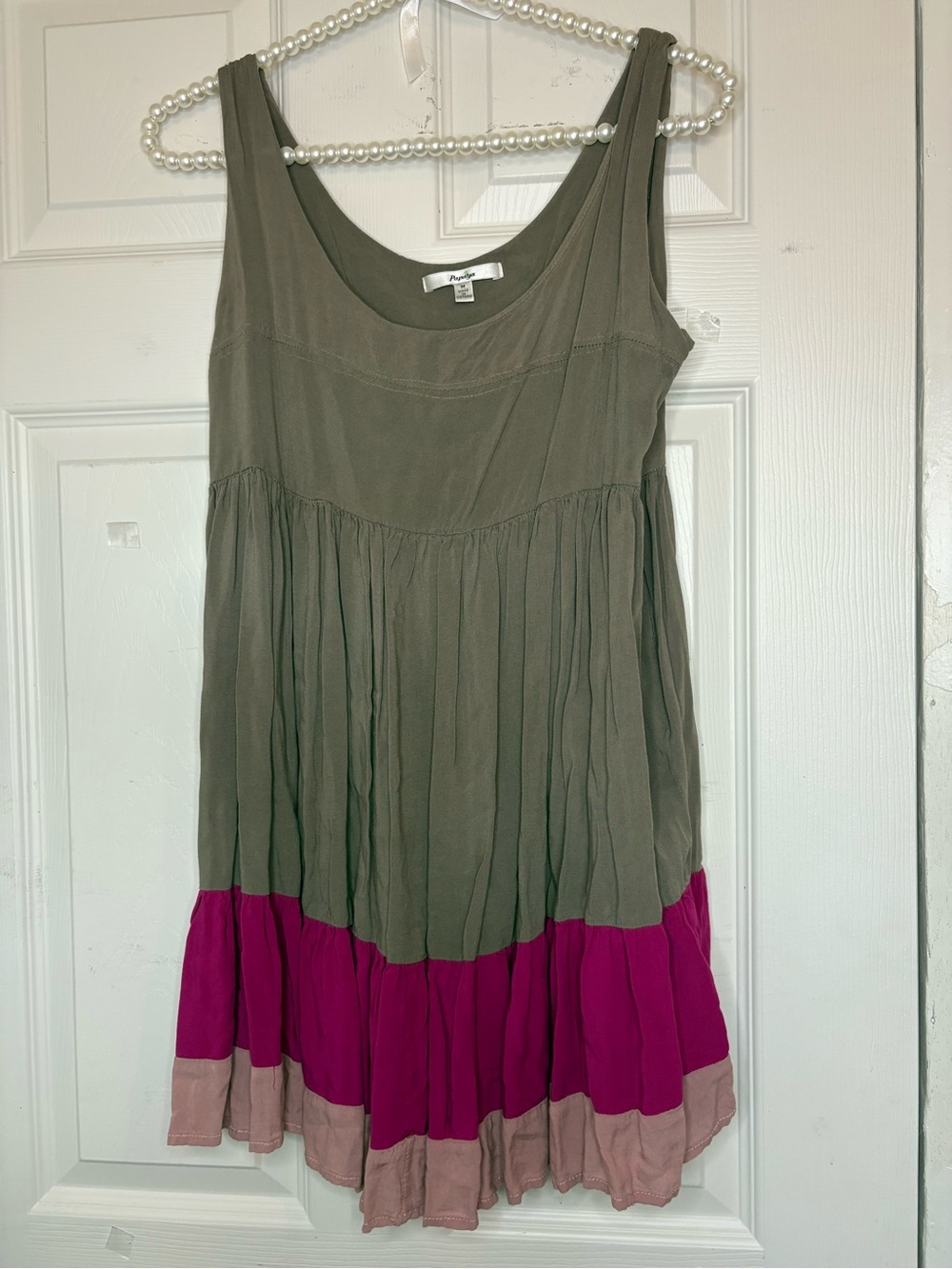 Papaya Olive Tiered Mini Dress with Magenta & Blush Hem
